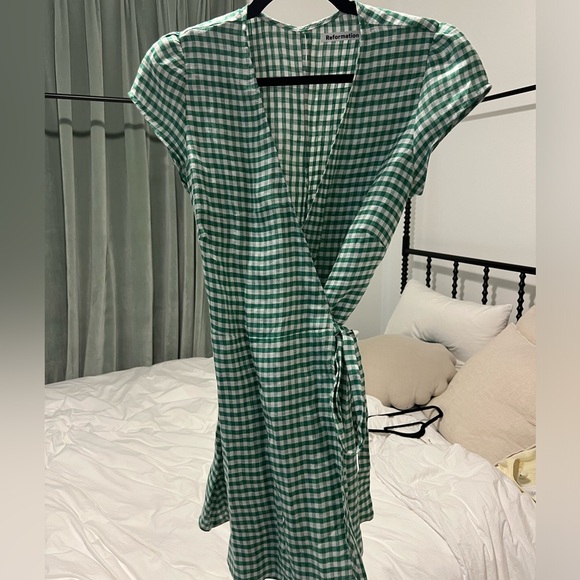 Reformation Green Gingham Linen Wrap Dress - Picture 6 of 6